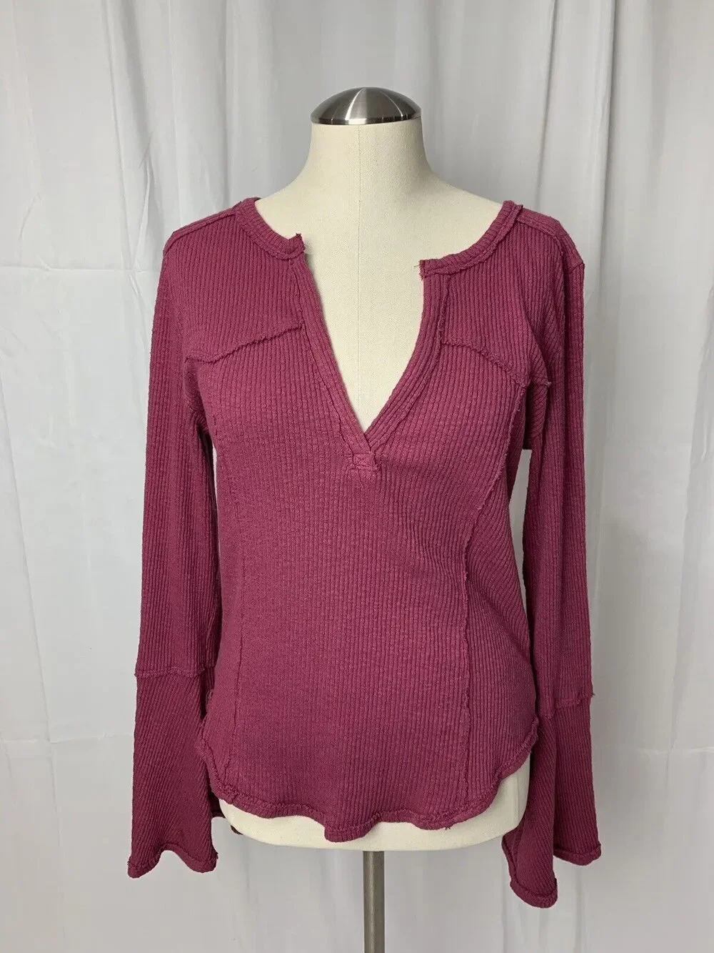 Free People Give a Little Tee Thermal Top Fairytale Bell Sleeve Rose Pink S